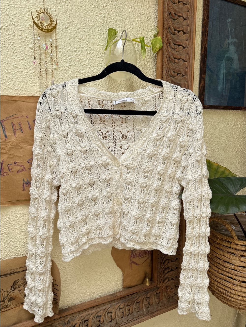 Mango Cream Open-Knit V-Neck Button Cardigan